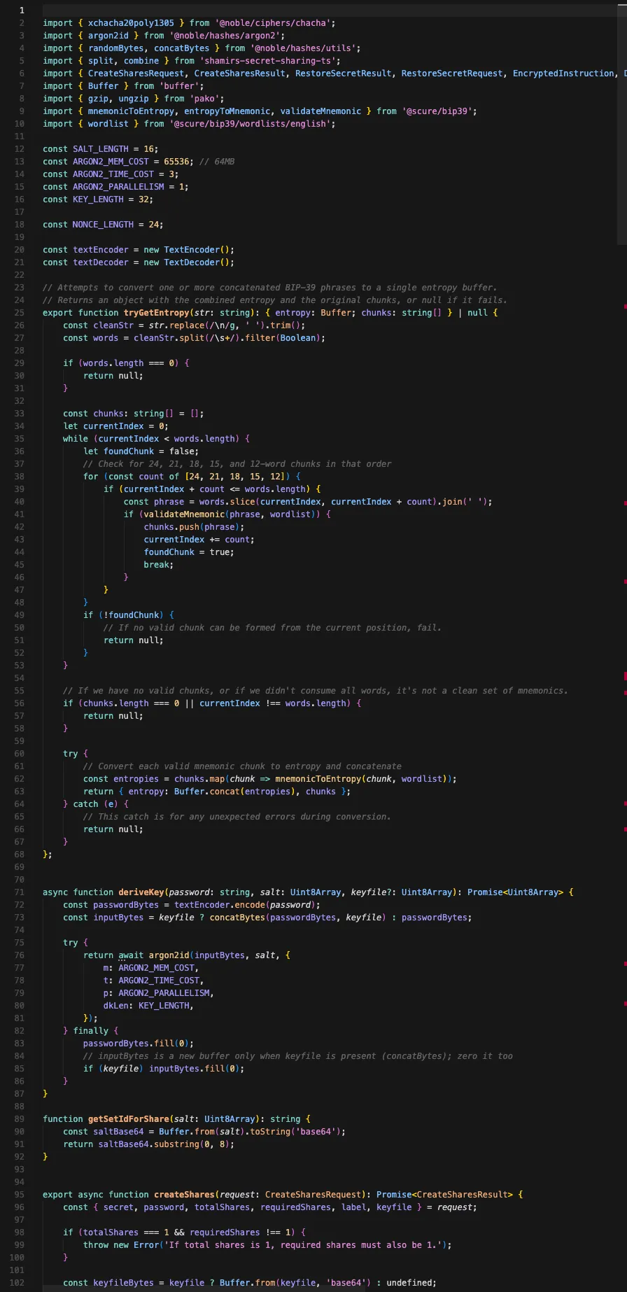 seQRets cryptographic source code showing Argon2id, XChaCha20, and Shamir's Secret Sharing